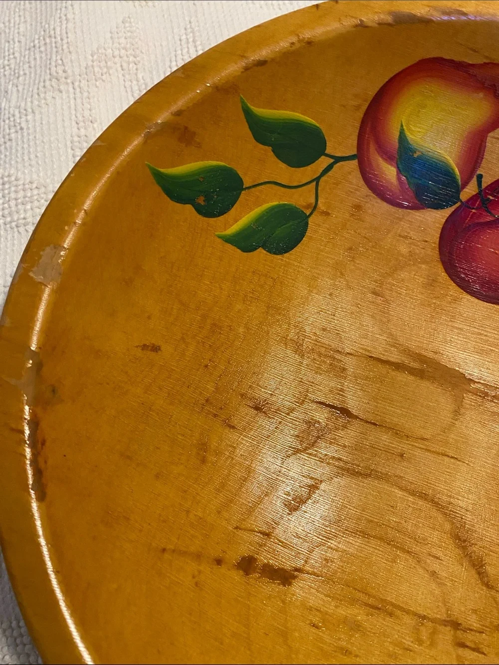 Hand-Painted Yellow Wooden Fruit Bowl - Home Dining, has wear from use.